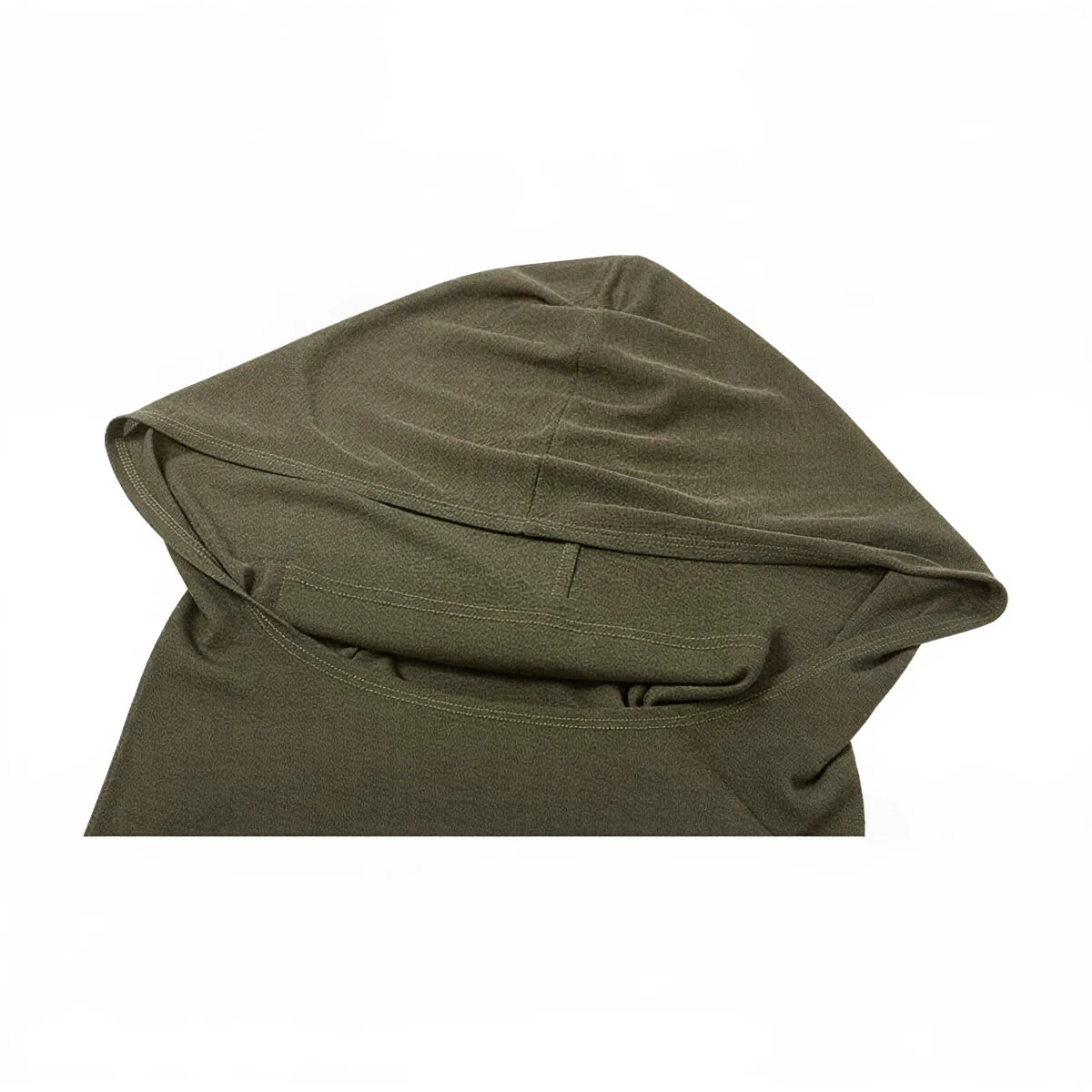 Olive green hooded dress, soft fabric, draped hood detail.