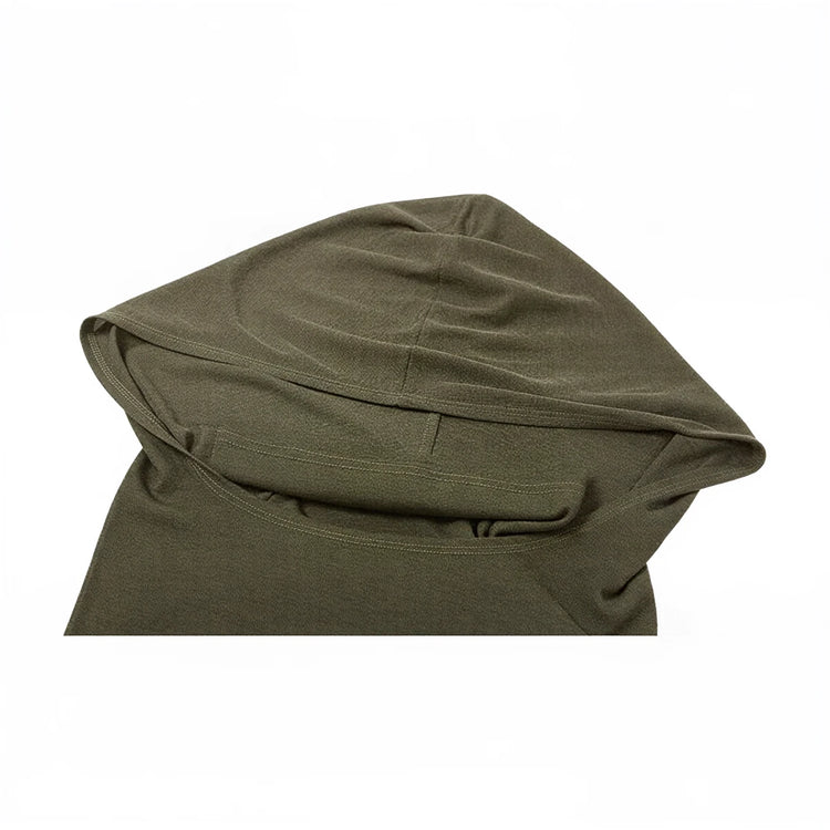 Olive green hooded dress, soft fabric, draped hood detail.