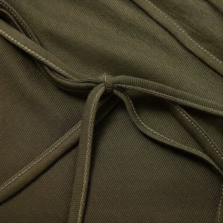 Olive green ribbed knit dress with drawstring waist detail.