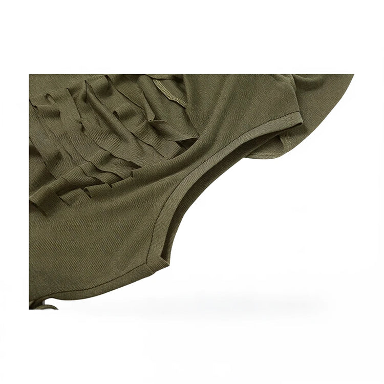 Olive green ruffled dress with textured fabric and layered detailing.