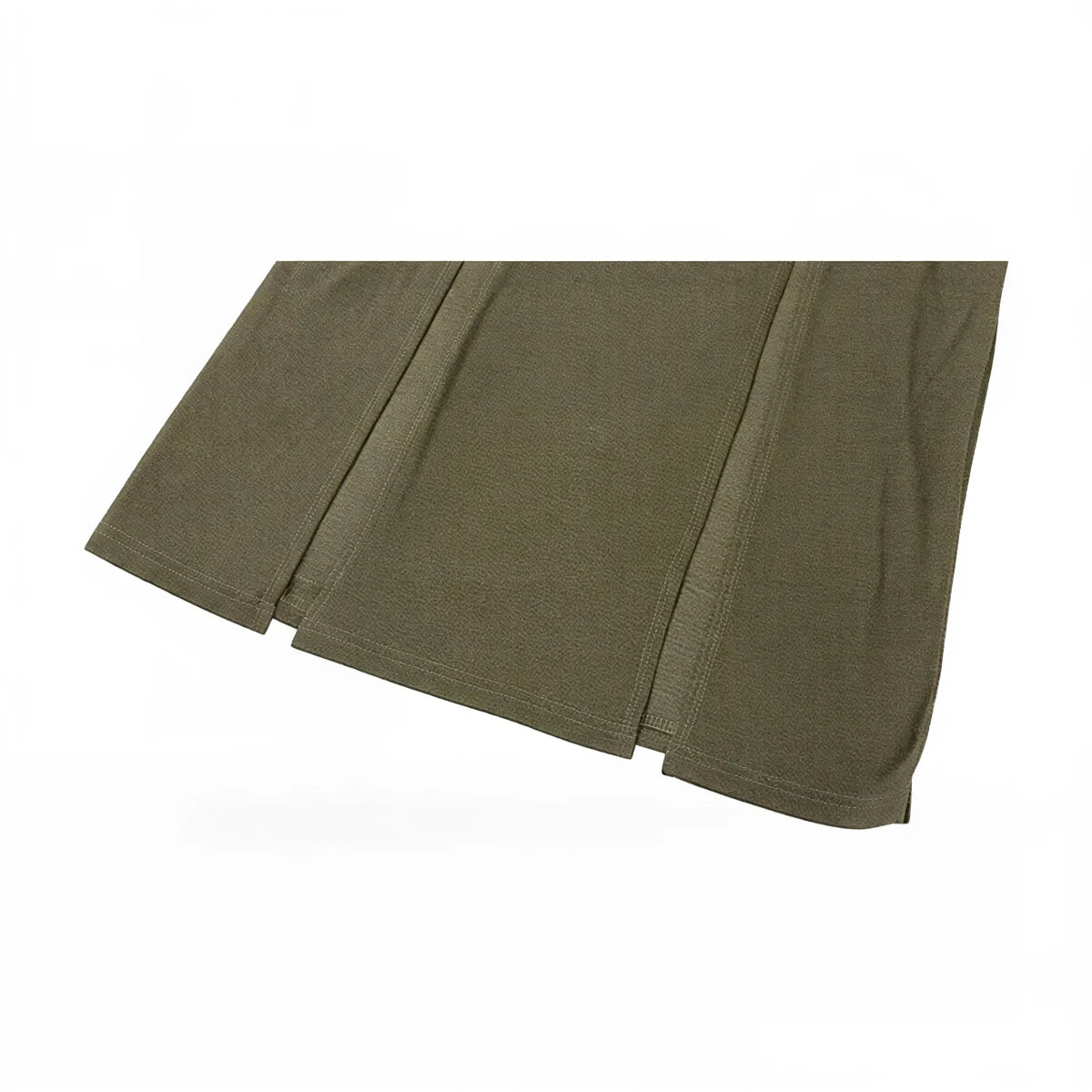 Olive green pleated dress, soft textured fabric, subtle seam detailing.