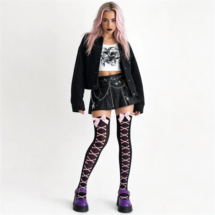 Pink bones patterned thigh-high stockings with lace-up design and bow accents.