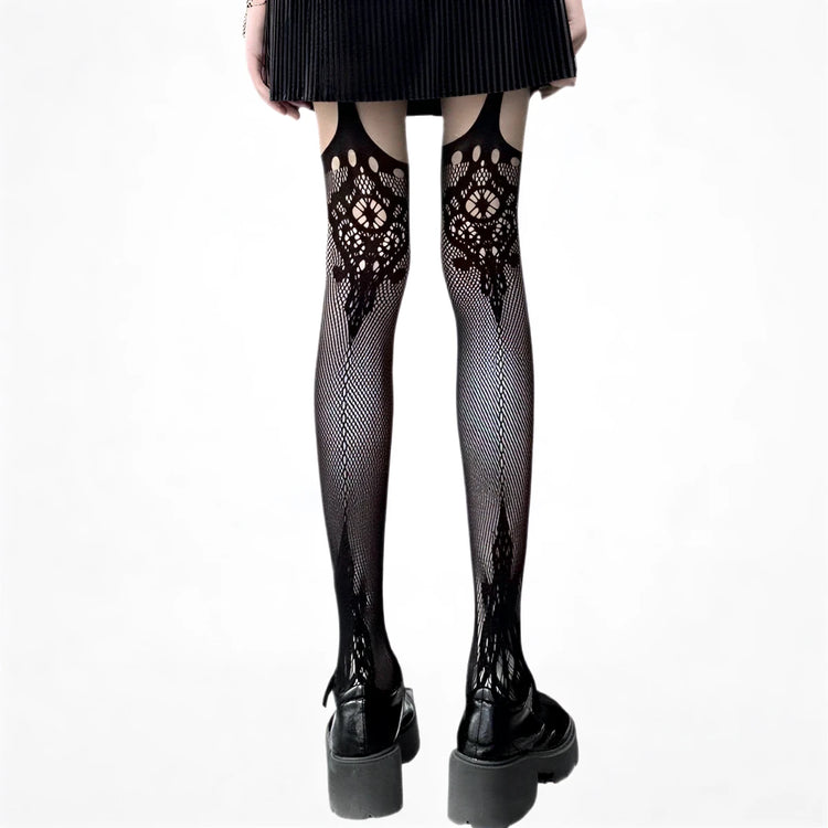 Gothic dark girl fishnet stockings, black lace pattern, sheer mesh material.