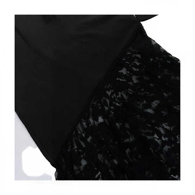 Black lace dress with satin bodice and floral patterned detailing.