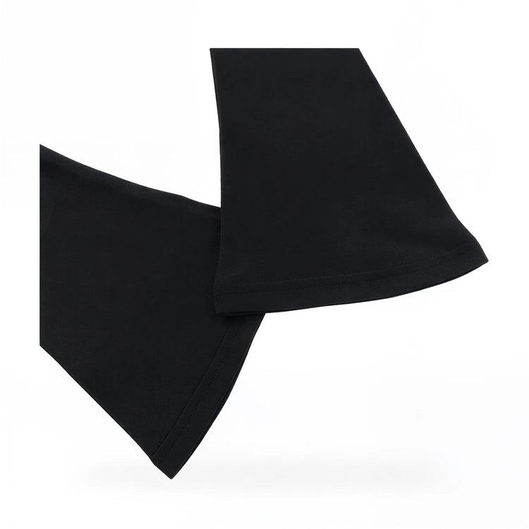 Black dress with flared sleeves, soft fabric, neatly stitched hem.