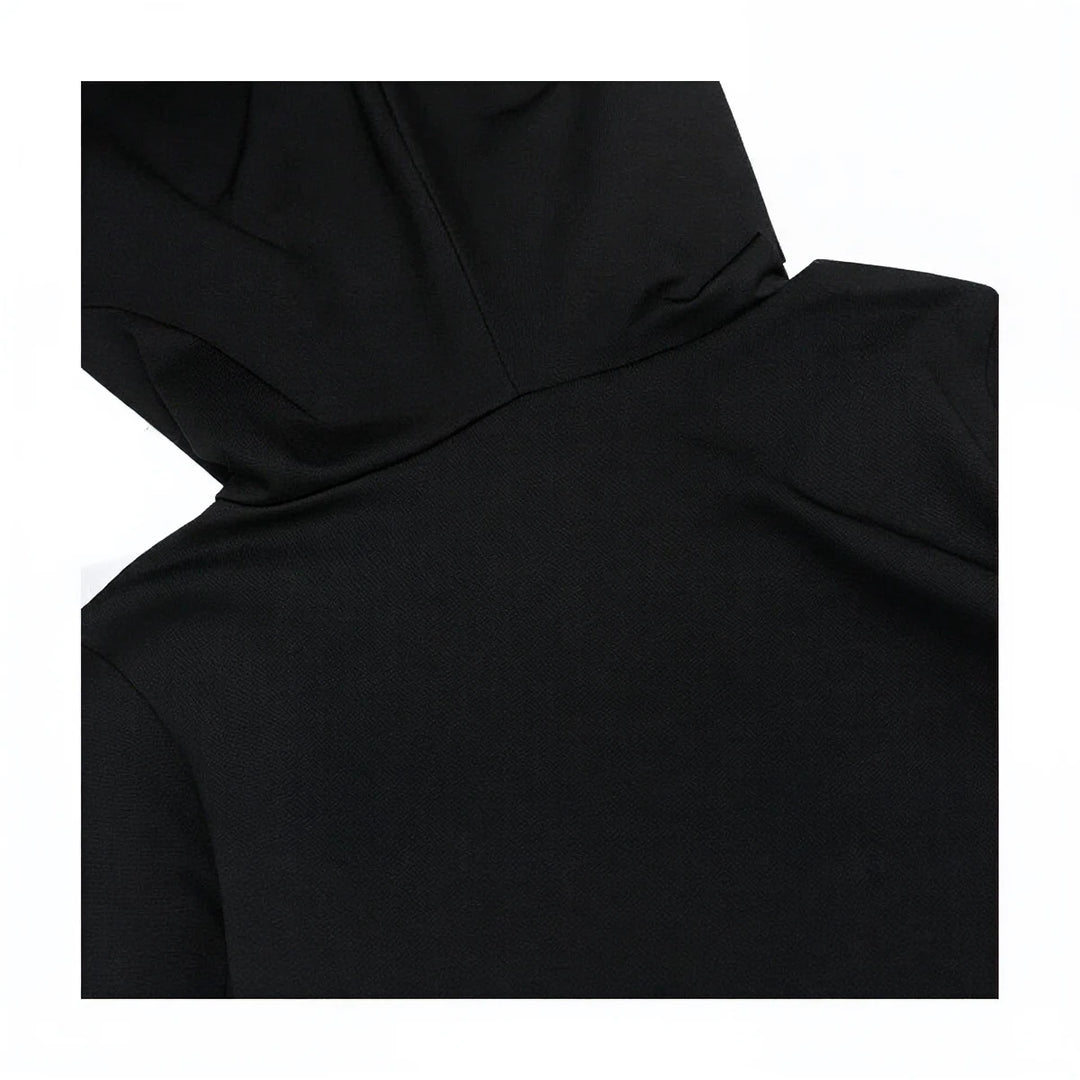 Black hooded dress with textured fabric and draped neckline detail.
