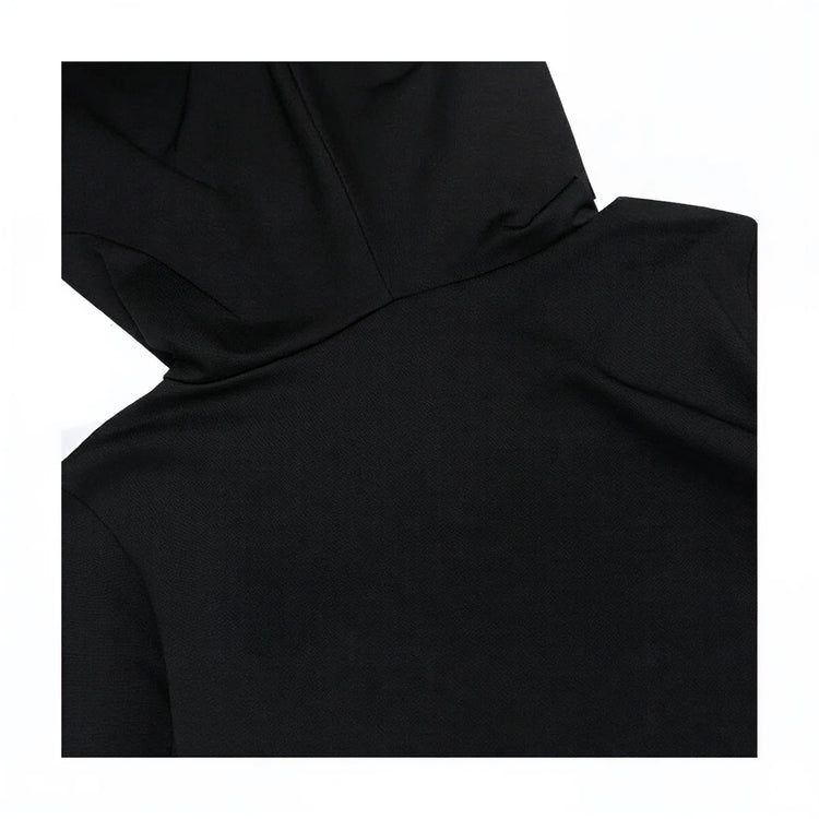 Black hooded dress with textured fabric and draped neckline detail.