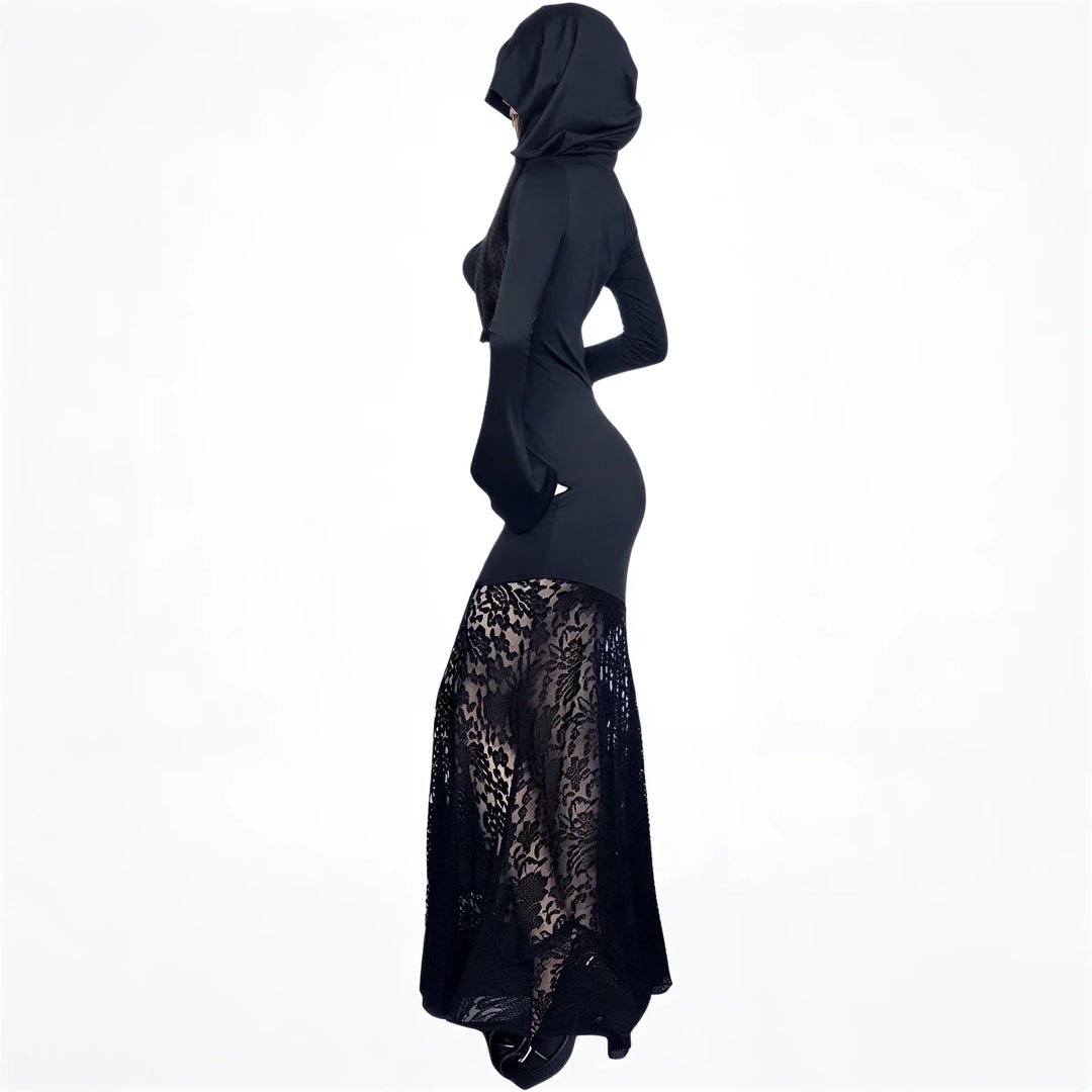 Black lace overlay dress with hooded long-sleeve top and fitted silhouette.