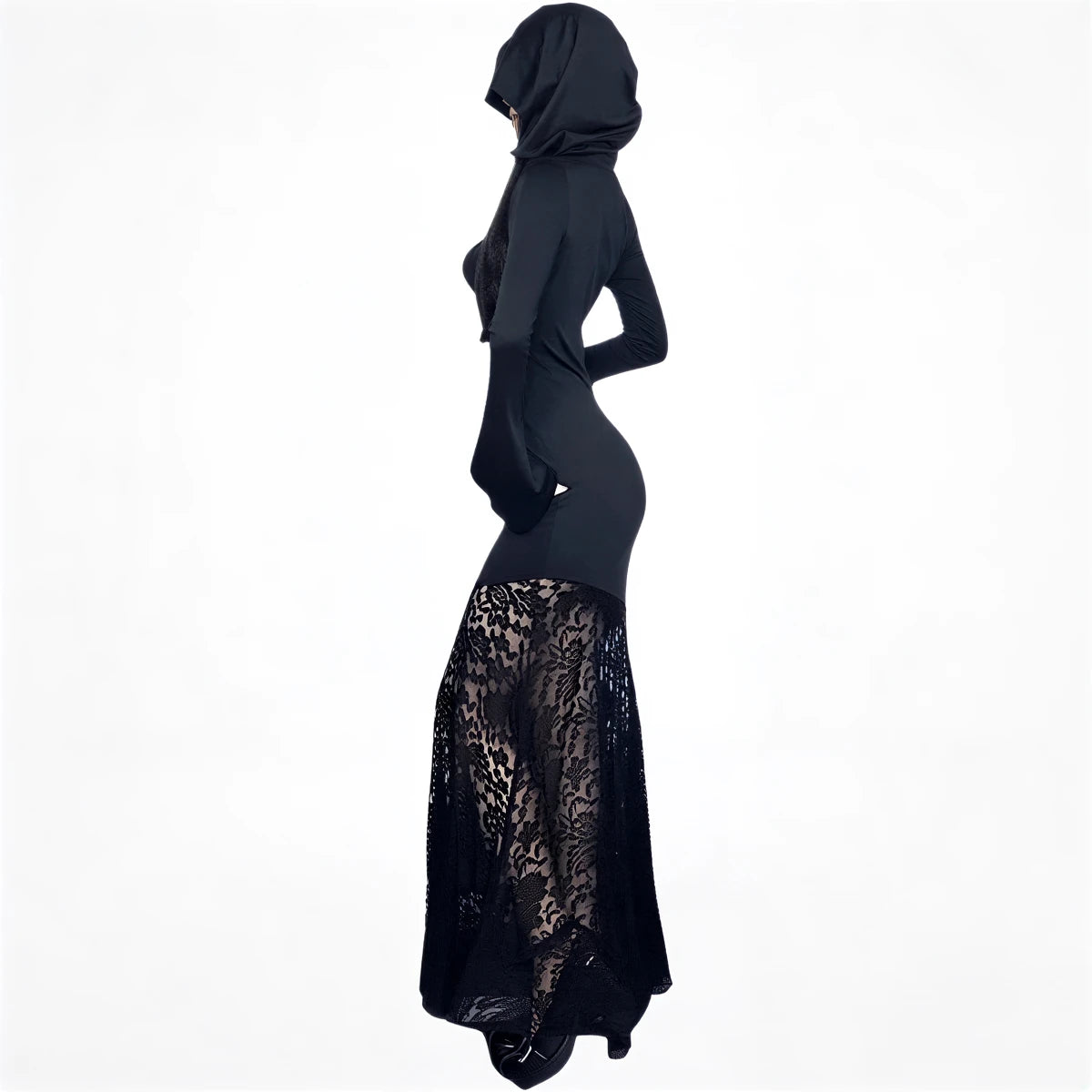 Black lace overlay dress with hooded long-sleeve top and fitted silhouette.