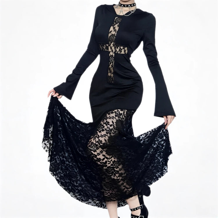 Black lace and satin dress with cross detail and flared sleeves.
