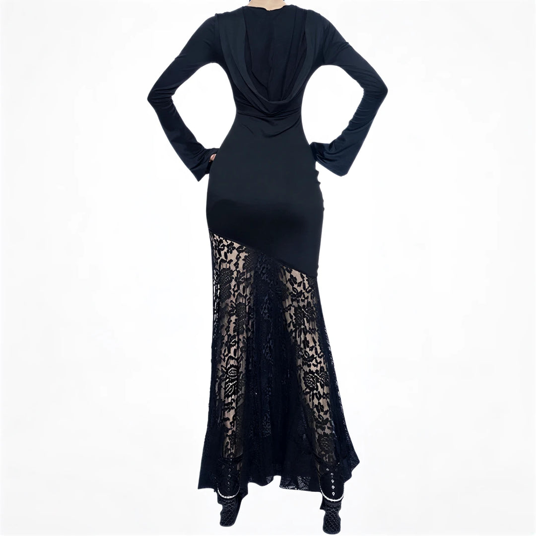 Black lace and solid fabric dress with draped back and asymmetrical hem.