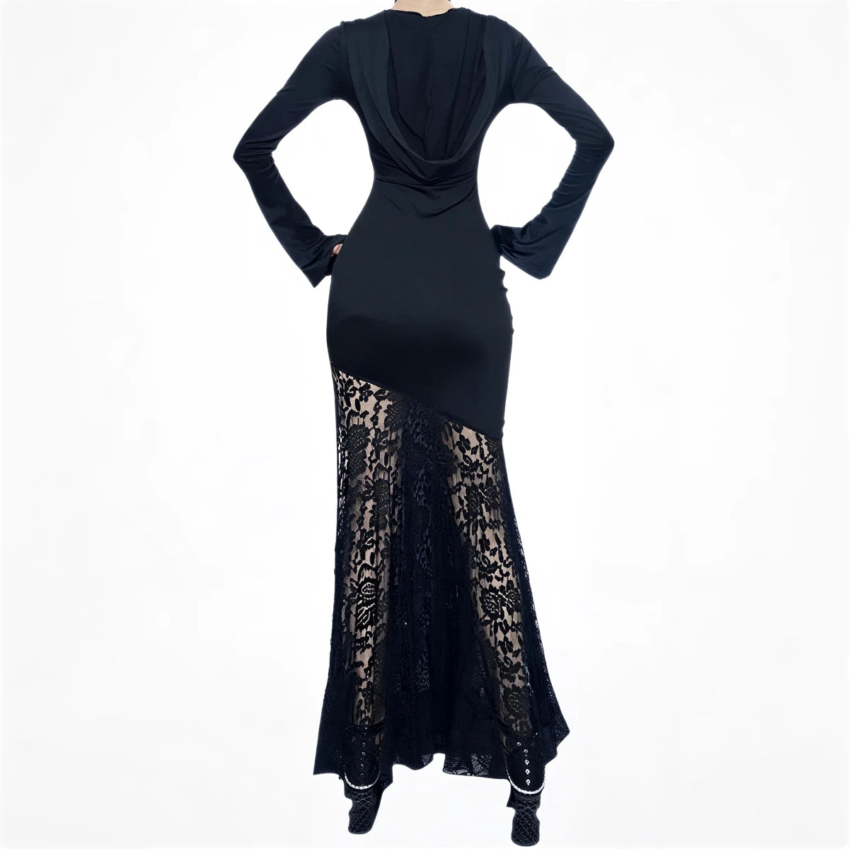 Black lace and solid fabric dress with draped back and asymmetrical hem.