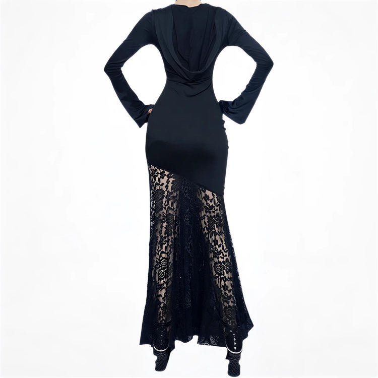 Black lace and solid fabric dress with draped back and asymmetrical hem.