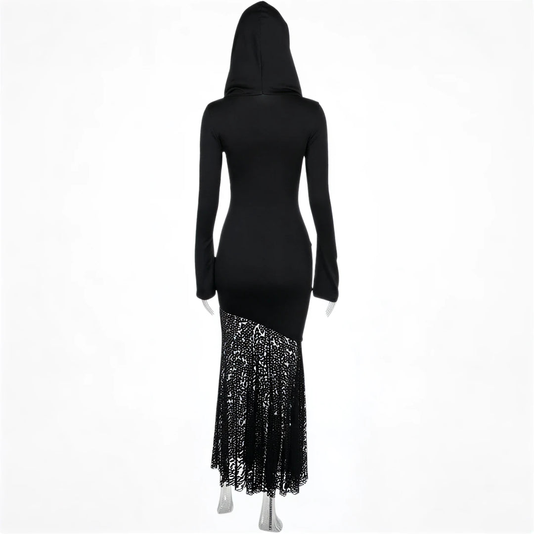 Black hooded dress with lace mermaid skirt and long sleeves.