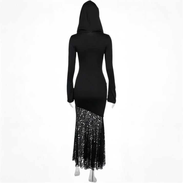 Black hooded dress with lace mermaid skirt and long sleeves.