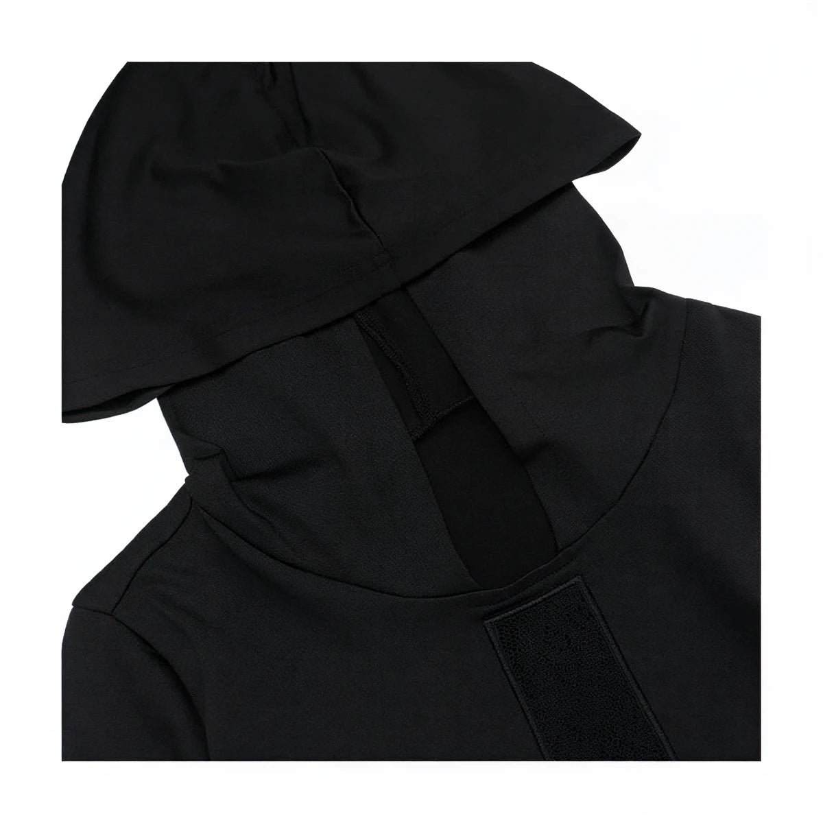 Black hooded dress with lace panel detail at neckline.