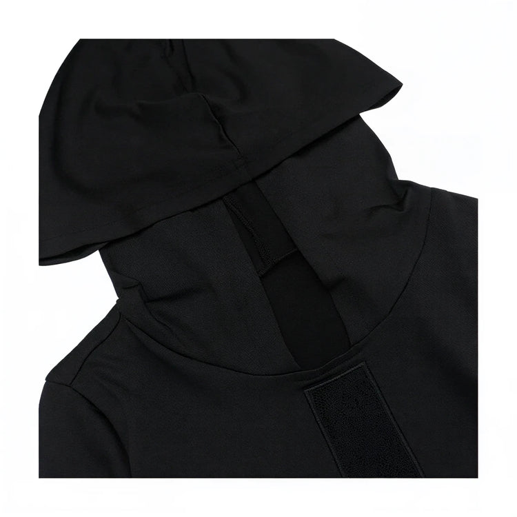 Black hooded dress with lace panel detail at neckline.