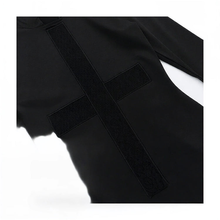 Black lace cross dress, soft fabric, elegant gothic design.