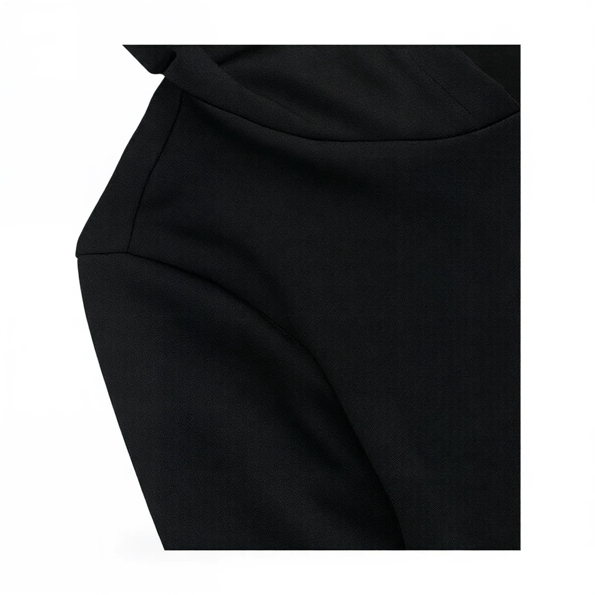 Black dress with structured shoulder seam and smooth fabric finish.