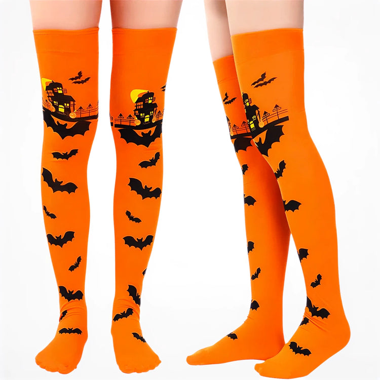 Orange Halloween stockings with black bat and haunted house print.