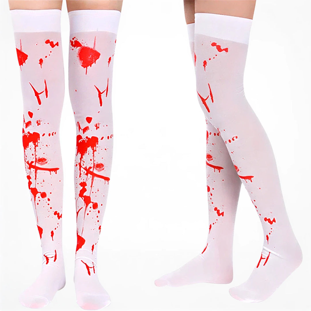 White Halloween stockings with red splatter print, sheer material, thigh-high length.