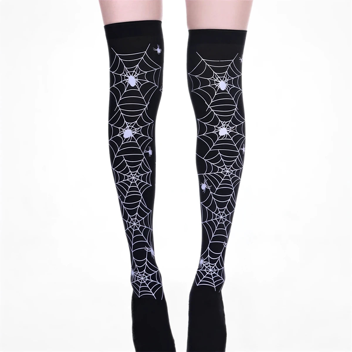 Black Halloween stockings with white spiderweb and spider print.