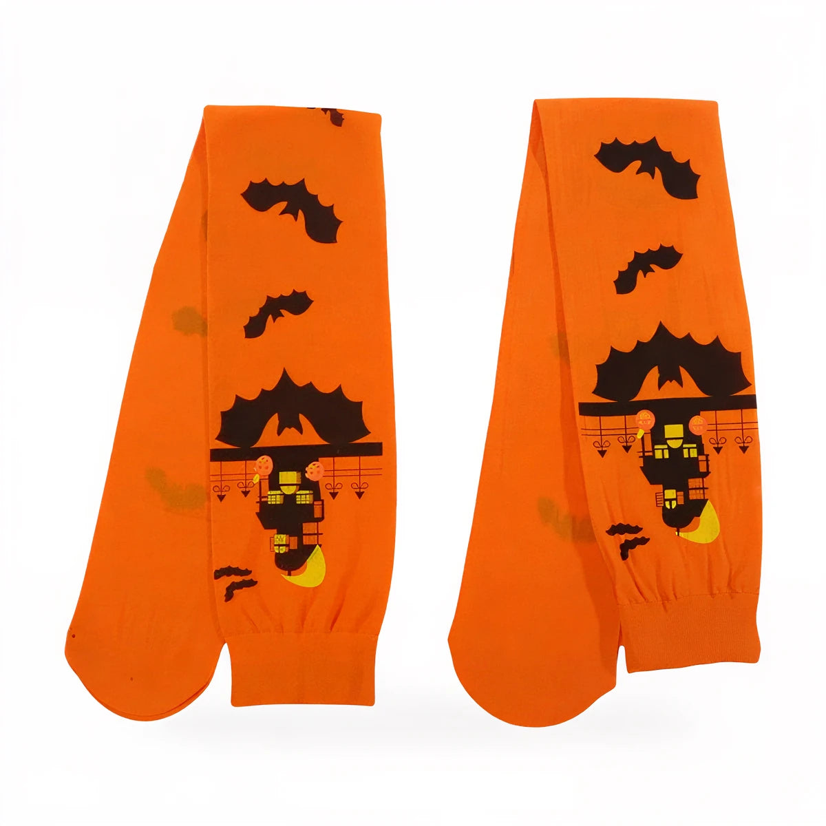 Orange Halloween stockings with bat and haunted house print.
