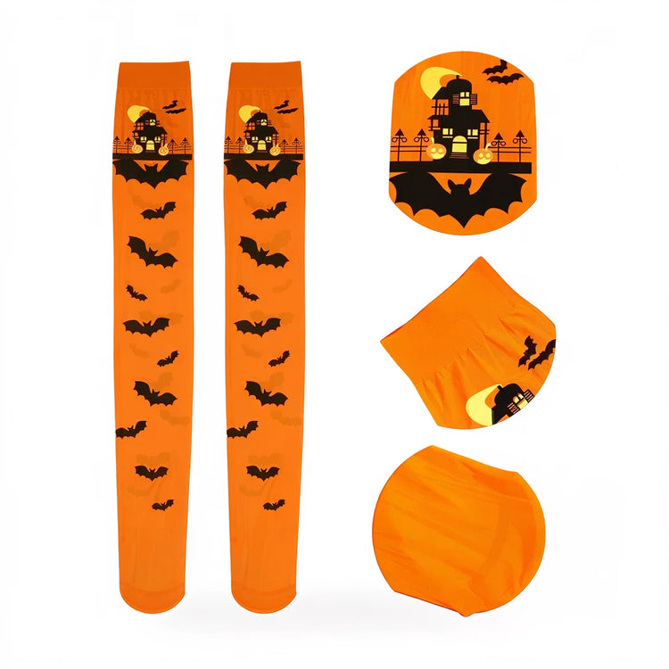 Orange Halloween stockings with bat print and haunted house design.
