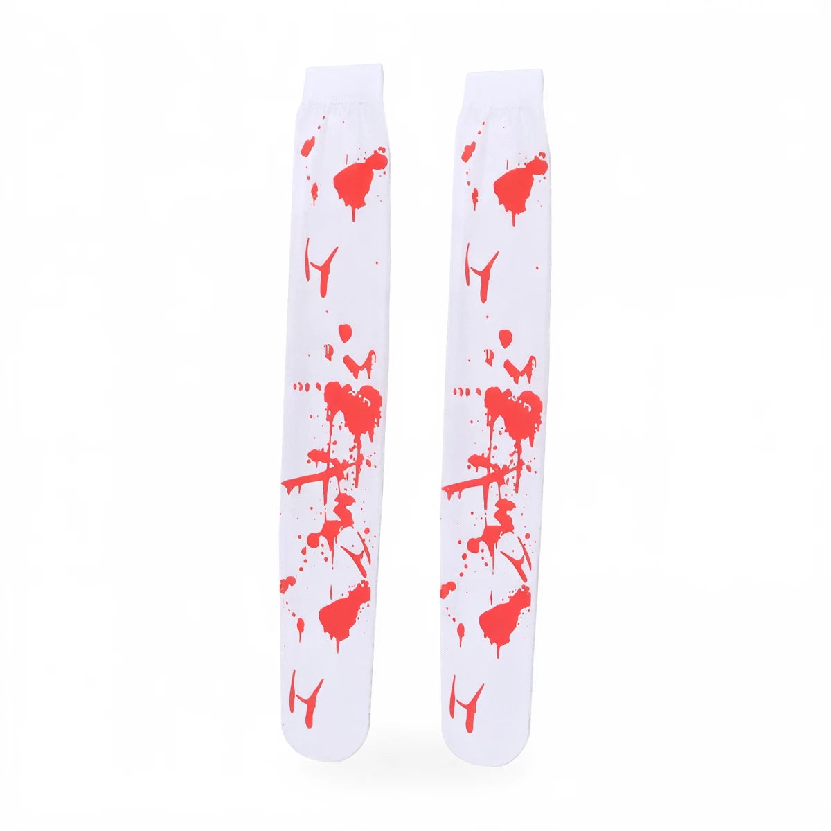 White Halloween stockings with red splatter print and dripping effect.