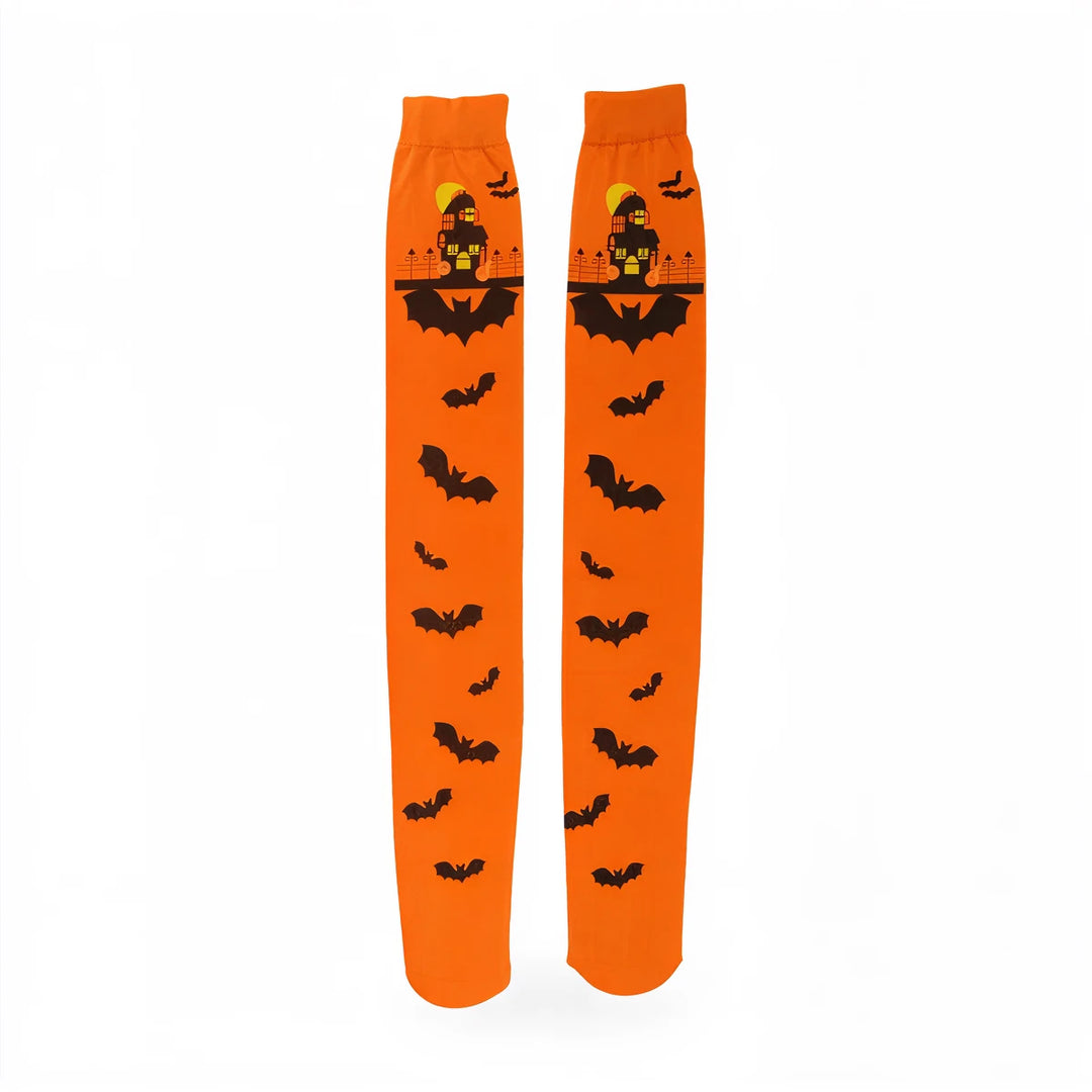 Orange Halloween stockings with black bat print and haunted house design.