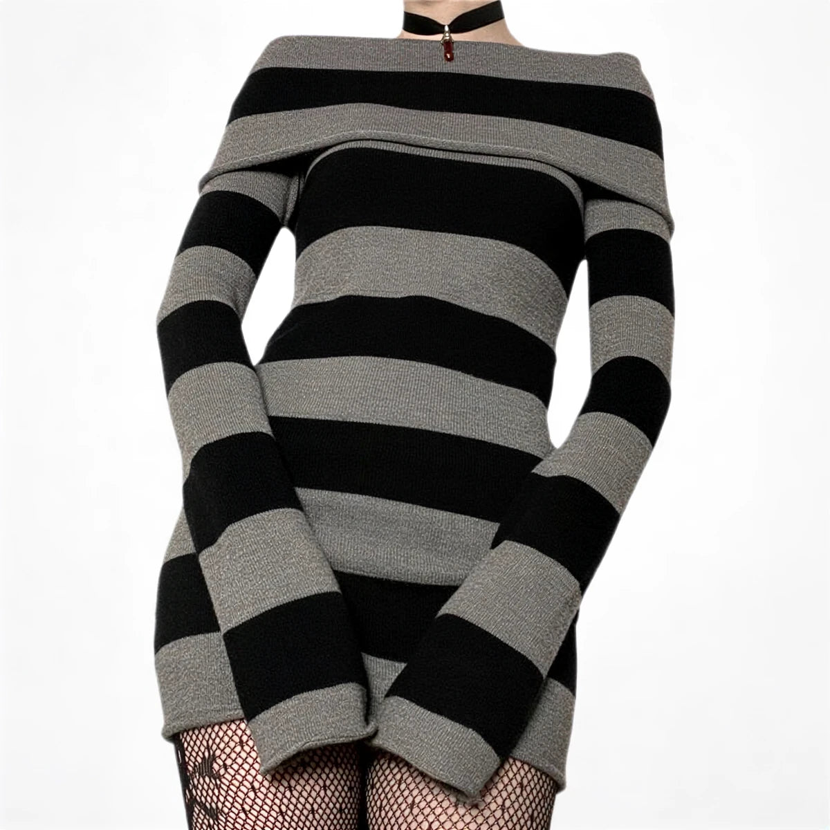 Striped off-shoulder knit dress in black and gray, long sleeves, fitted silhouette.