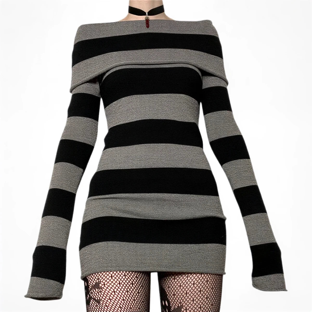Striped off-shoulder knit dress in black and gray with long sleeves.