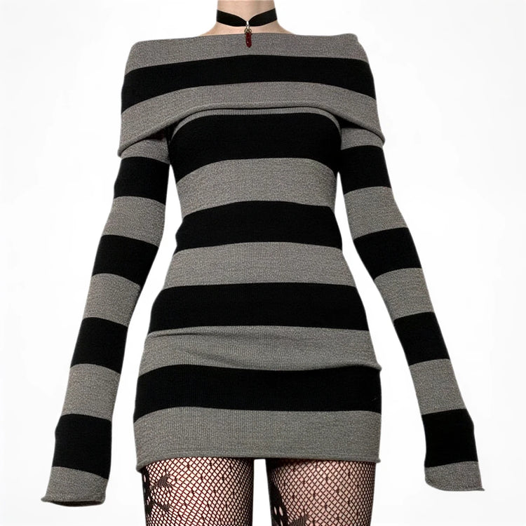 Striped off-shoulder knit dress in black and gray with long sleeves.