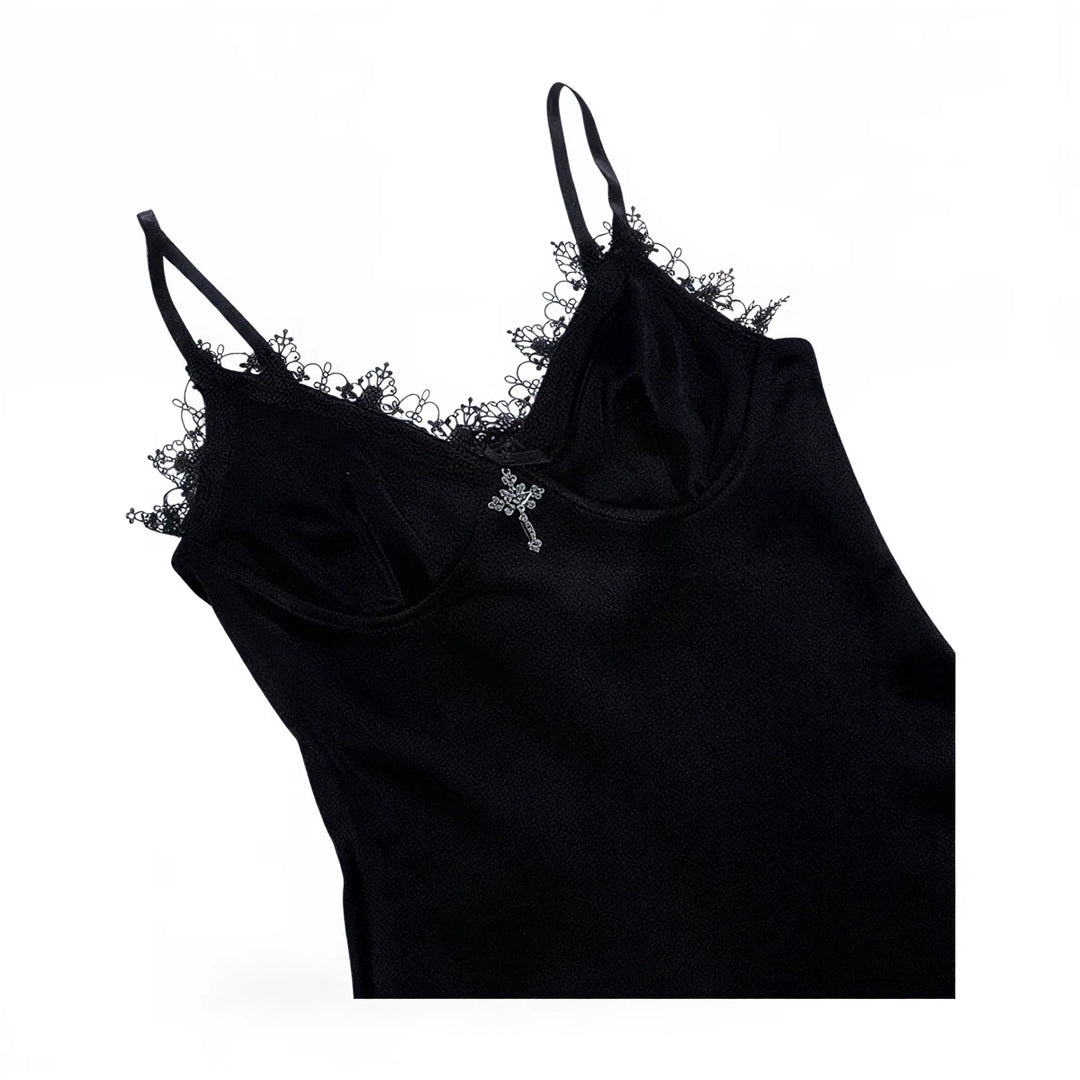 Black velvet camisole dress with lace trim and crystal cross detail.
