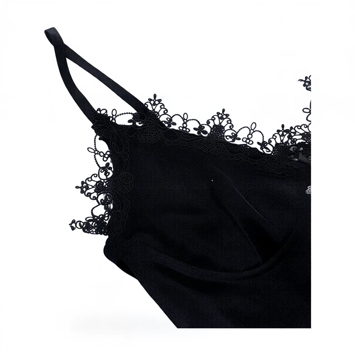 Black velvet dress with lace trim and thin straps.