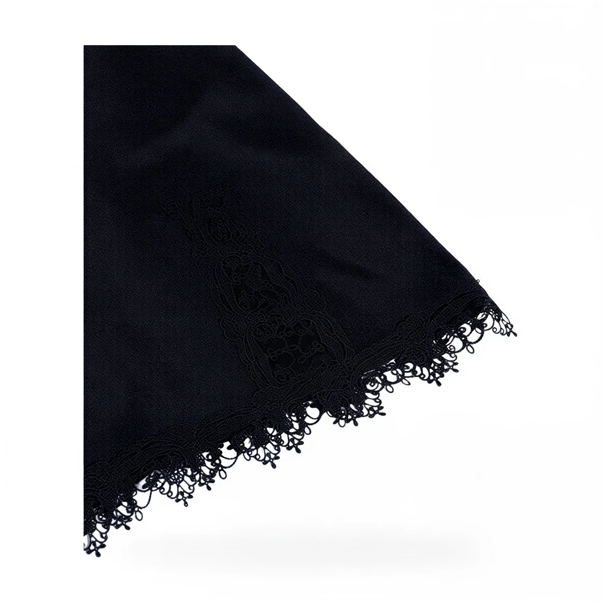 Black velvet dress with lace trim and fringed hem.
