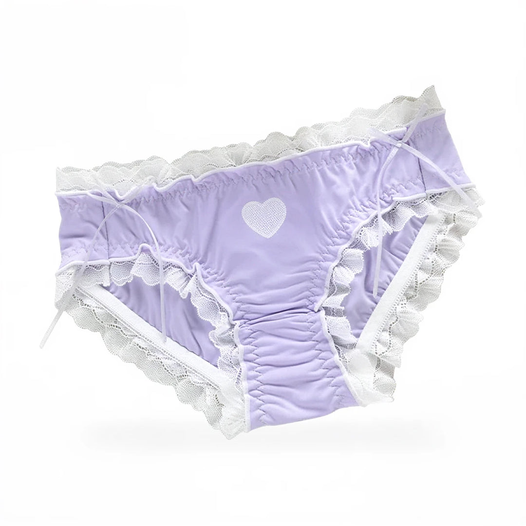 Lavender cotton panties with white lace trim and heart embroidery.