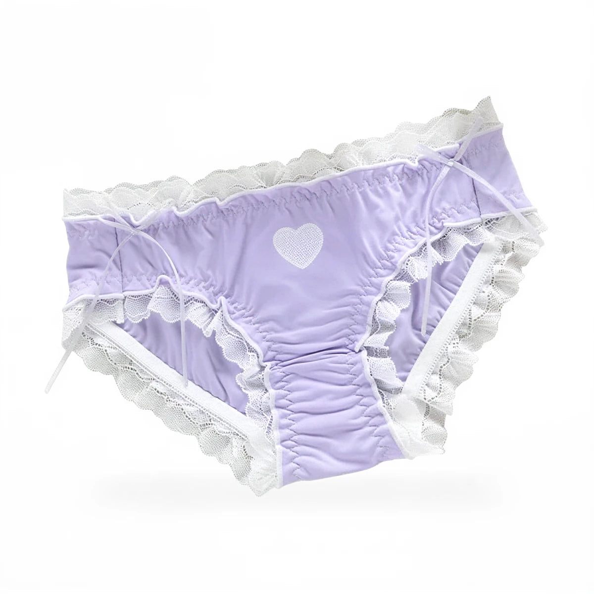 Lavender cotton panties with white lace trim and heart embroidery.