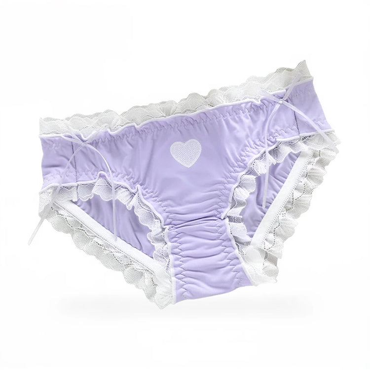 Lavender cotton panties with white lace trim and heart embroidery.