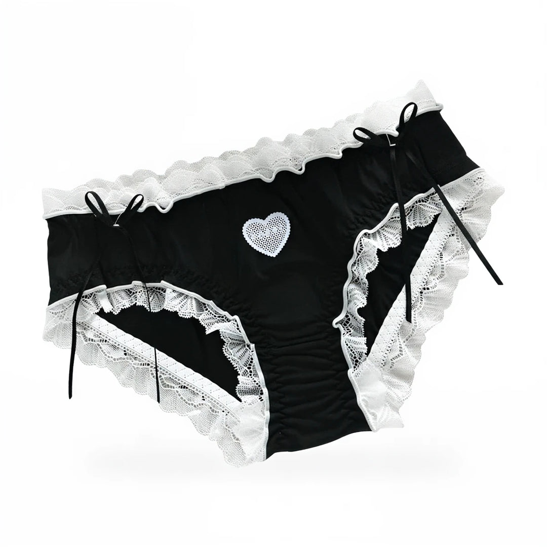 Black cotton panties with white lace trim and heart embellishment.