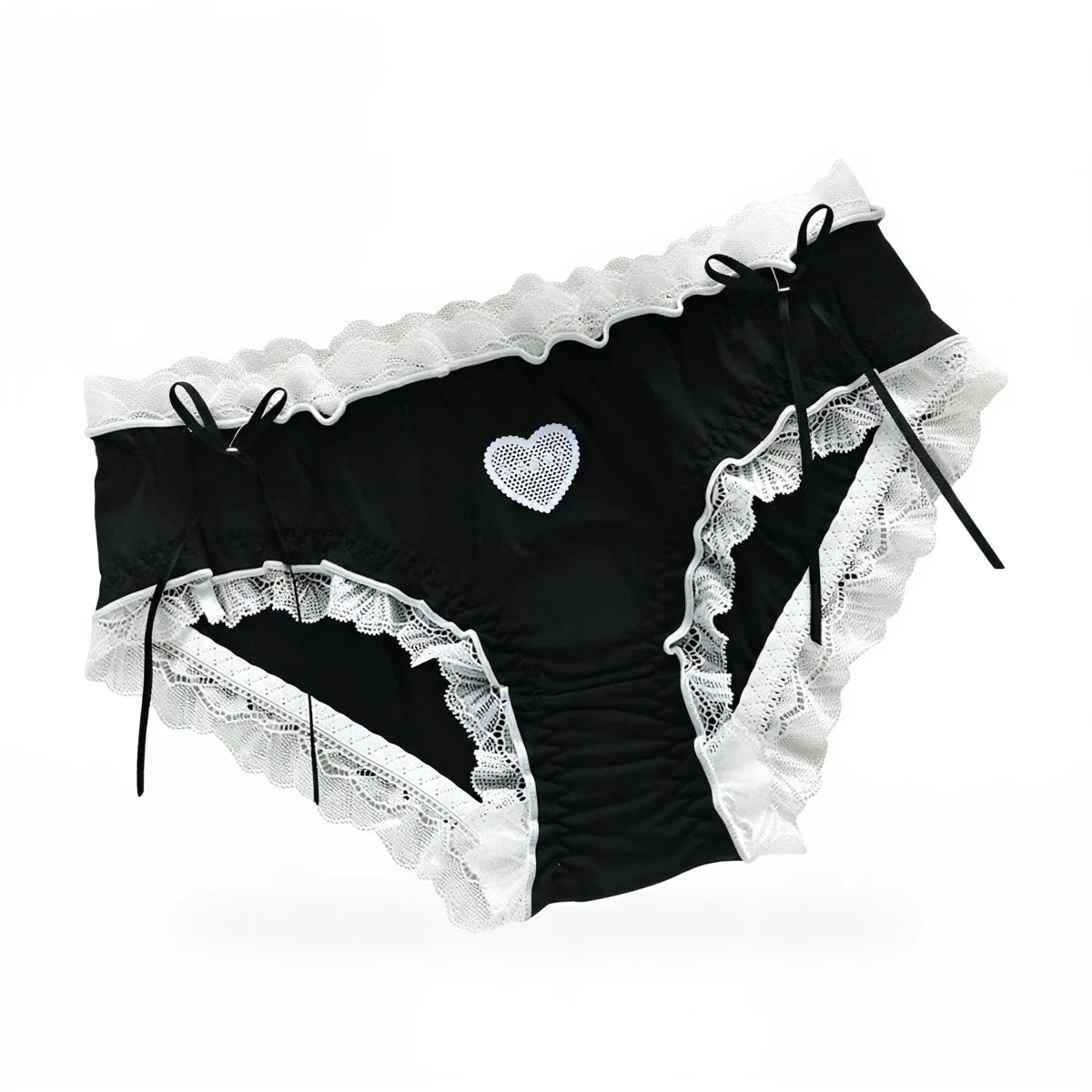 Black cotton panties with white lace trim and heart embellishment.