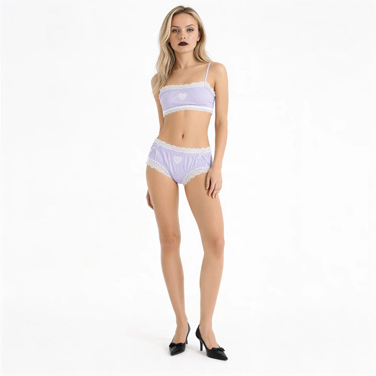 Light purple cotton panties with lace trim and heart embroidery.