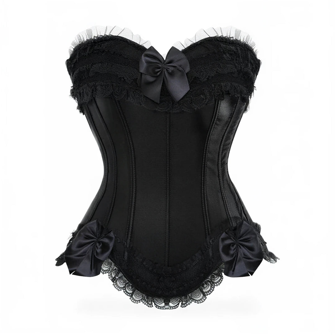 Black satin corset with lace trim and satin bow accents.