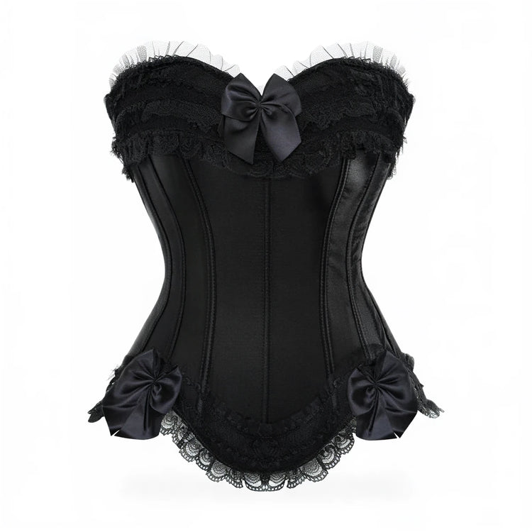 Black satin corset with lace trim and satin bow accents.