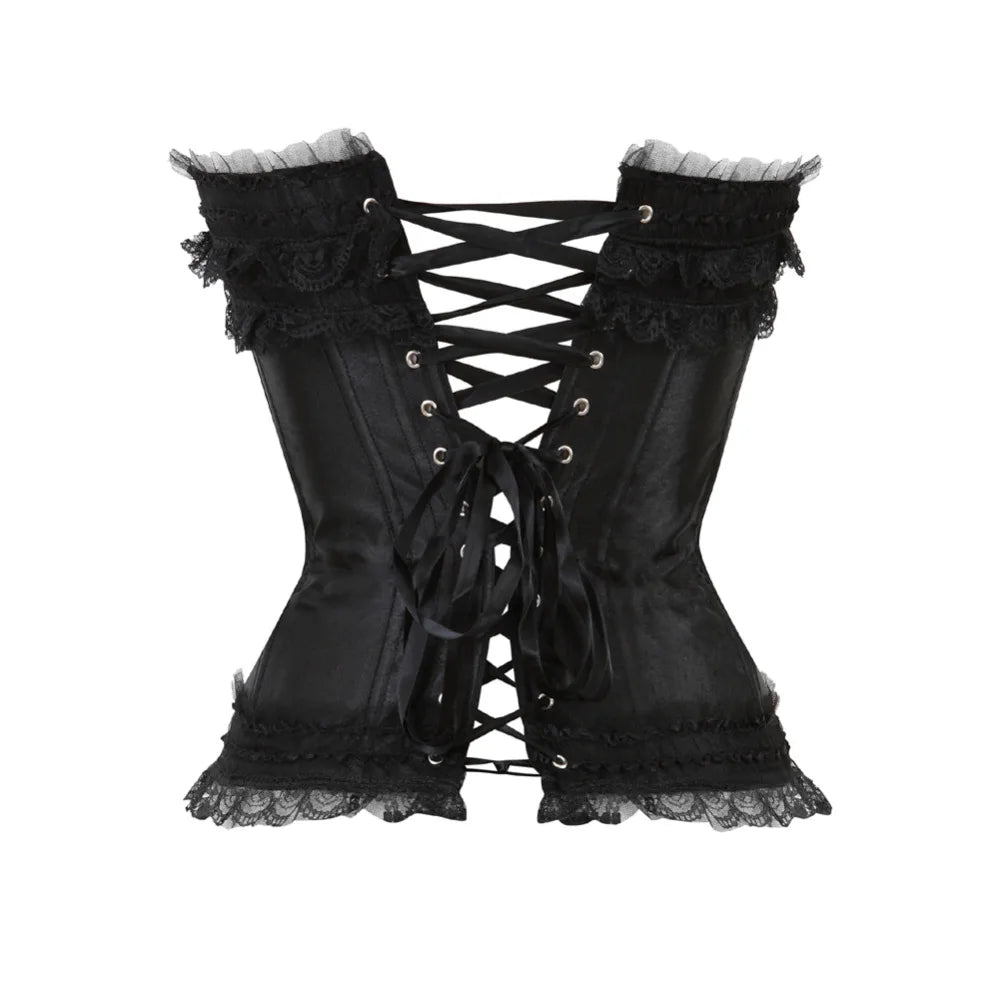 Black lace-trimmed corset with criss-cross lacing and satin-like material.