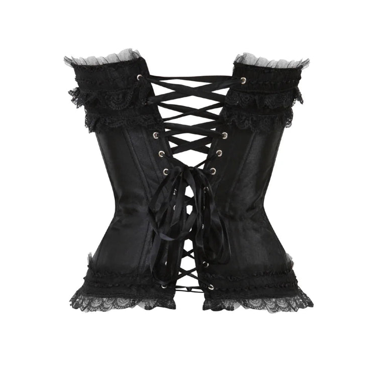 Black lace-trimmed corset with criss-cross lacing and satin-like material.