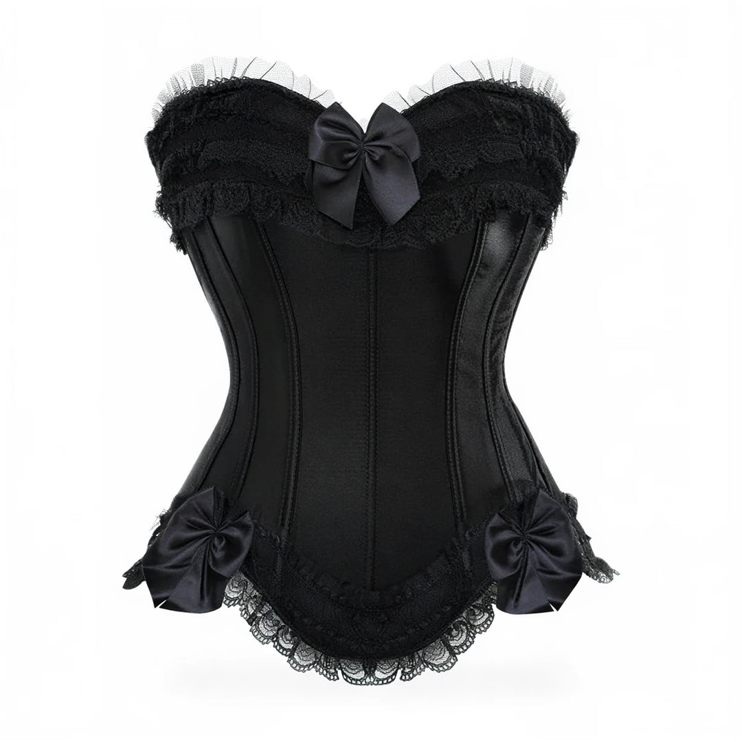 Black lace corset with satin bow accents and ruffled trim.