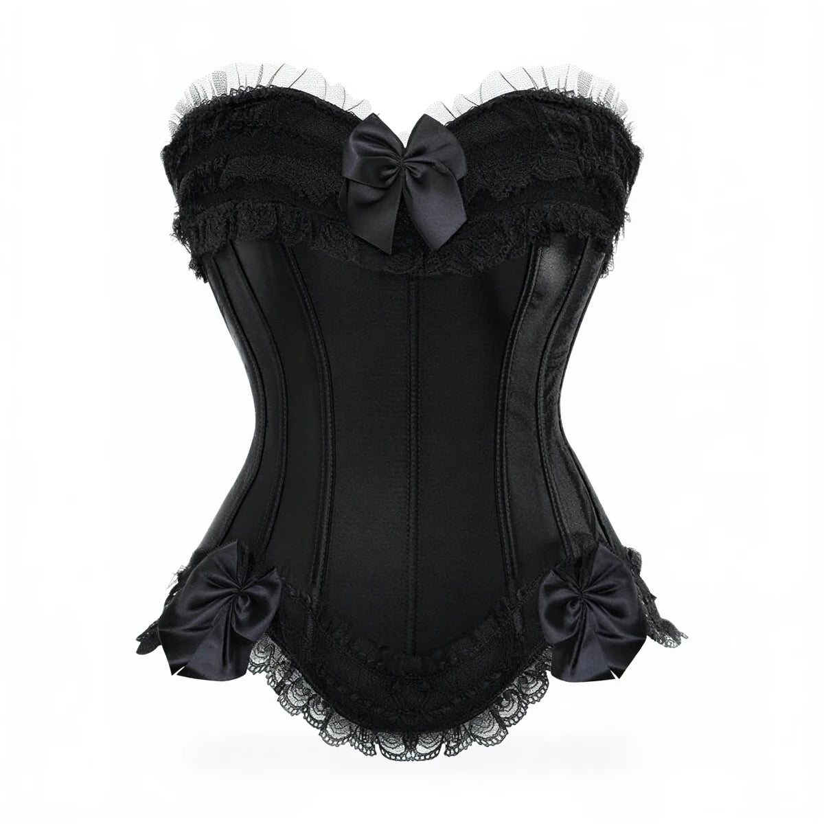 Black lace corset with satin bow accents and ruffled trim.