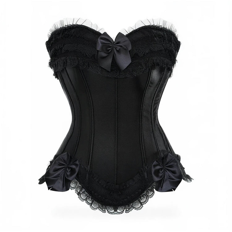 Black lace corset with satin bow accents and ruffled trim.