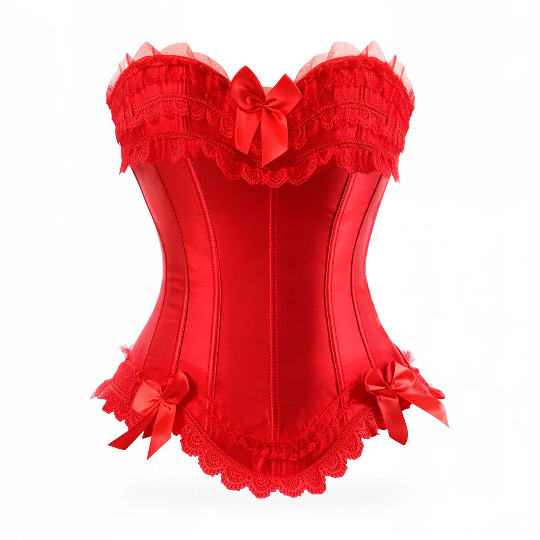 Red satin corset with lace trim and ribbon bows at bust and hem.